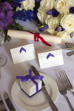wedding table setting purple themeの写真素材