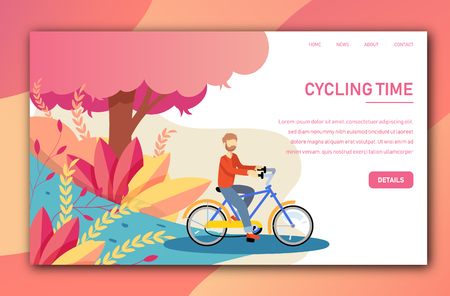 Vector landing page tepmplate with young man cycling a bikeのイラスト素材