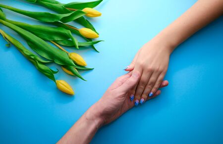 Holding hands on blue background with tulips, topdown viewの写真素材