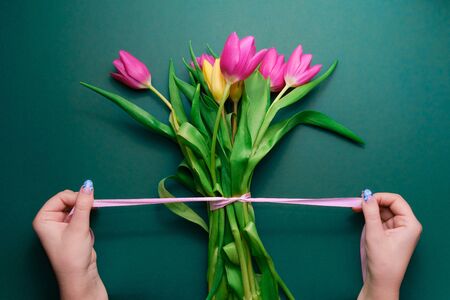 woman tying pink ribbon on tulip bouqet, green backgroundの写真素材
