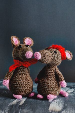 Lovely handcrafted amigurumi rats couple standing near. Valentine day, February 14, love, relations concept.の写真素材