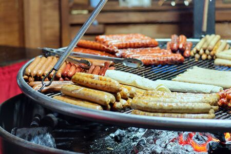 Street food at the main city fair Kebab, corn, grilled sausagesの写真素材