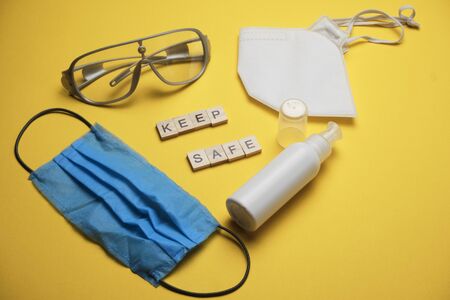 Social distancing. Protection items to reduce Covid 19 virus infection. Using as background Healthcare concept and keep distance.の写真素材
