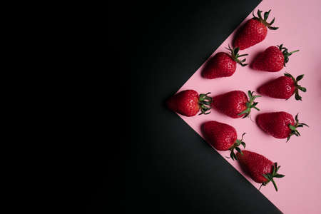 Kitchen table with products, top view. Strawberry. Top view in frame only ingredients.の写真素材