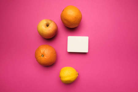 Natural orange soap manual manufactures against juicy fresh fruits, pure natural igredients conceptの写真素材