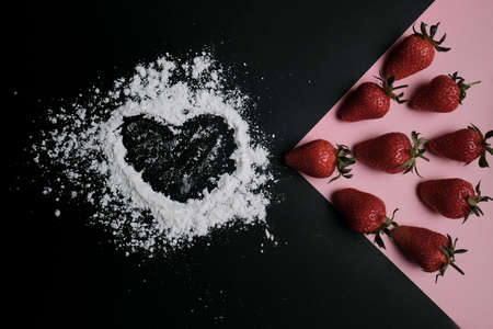 Kitchen table with products, top view. Strawberry and flour. Top view in frame only ingredientsの写真素材