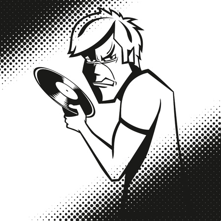 Vector angry male with vinyl record in his handのイラスト素材