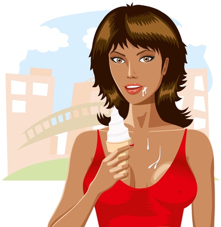 Beautiful dirty girl in shirt with icecreame isolatedのイラスト素材