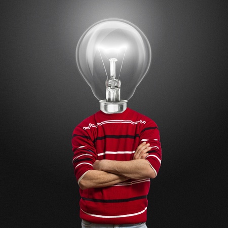 male in red and lamp-head have got an ideaの写真素材