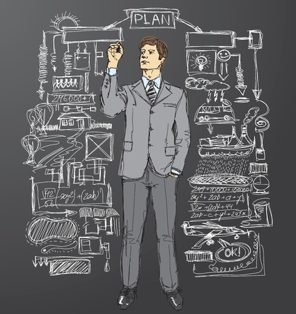 vector businessman writing something on glass board with markerのイラスト素材