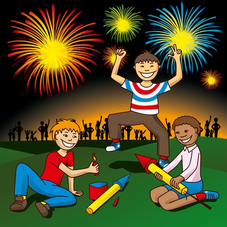 vector kids with fireworks on the hill celebrate independence dayのイラスト素材