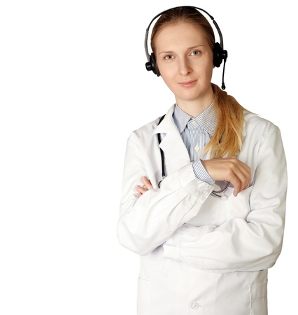 doctor woman with headphones smile at camera isolated on different backgroundsの写真素材