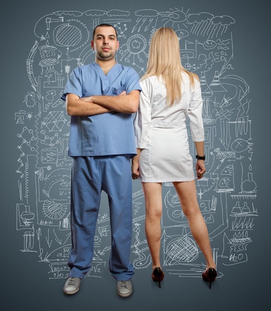 young doctor man with stethoscope against different backgroundsの写真素材