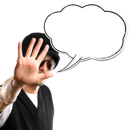 man in glasses looking at camera with speech bubble, against white backgroundの写真素材