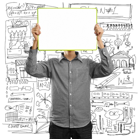 male with write board in his hands against his headの写真素材