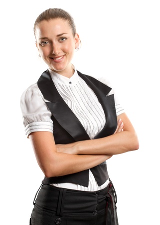 Business woman with folded hands, looking on cameraの写真素材