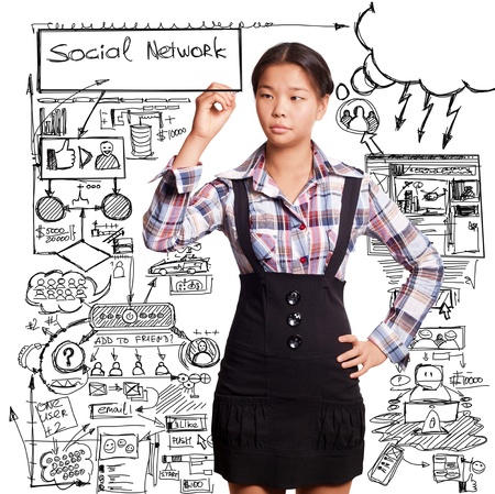 Social media concept, Asian girl writing somethingの写真素材