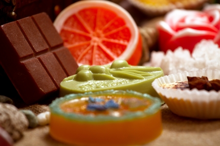 background still life with handmade soap and sea stufの写真素材