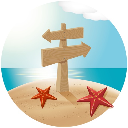 Vector travel concept. Guidepost at the beach with the sea starsのイラスト素材