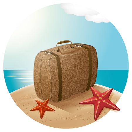 Vector travel concept. Suitcase at the beach with the sea starsのイラスト素材