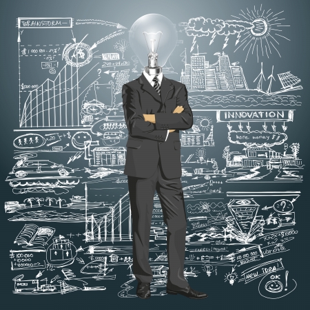 Vector Idea and concept, Lamp head business man in suit. All layers well organised and easy to editのイラスト素材
