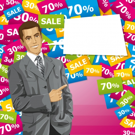 Sale concept. Vector business man show something with his finger. All layers well organizedのイラスト素材
