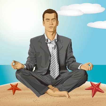 Relax travel concept. Vector businessman in lotus pose meditatingのイラスト素材