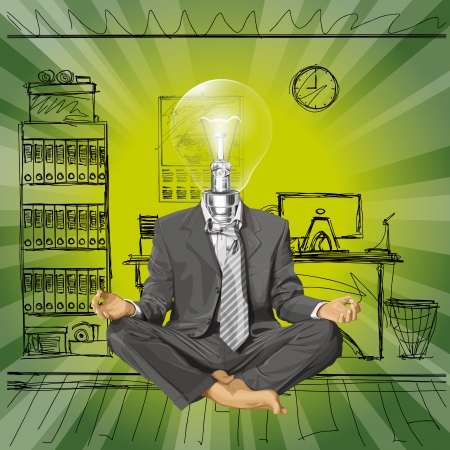 Relax concept. Vector lamp head businessman in lotus pose meditatingのイラスト素材
