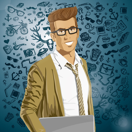Vector hipster business man with laptop in his handsのイラスト素材