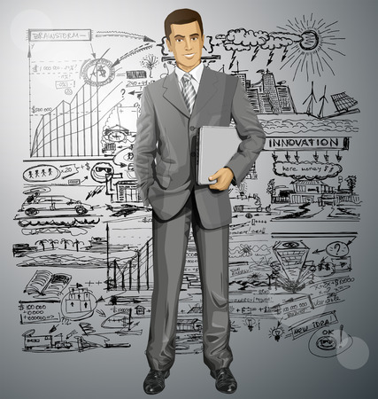 Vector business man in suit with laptop in his handsのイラスト素材