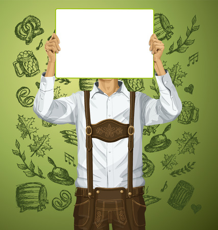Idea concept. Vector Man with write board in lederhosen on oktoberfestのイラスト素材