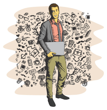 Vector business man with laptop in his handsのイラスト素材