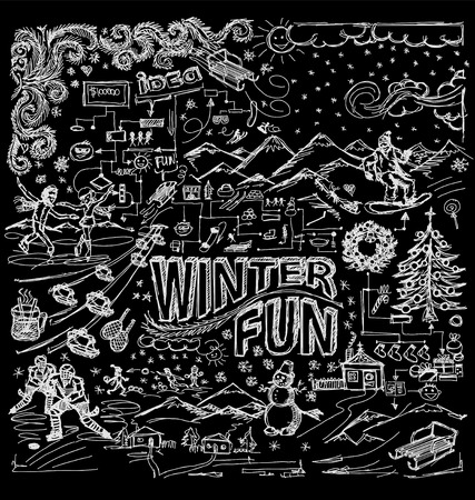 Vector sketch background with winter fun, snow board, snowball fight, snowman, christmas, new year,  hockey, skating, sledgeのイラスト素材
