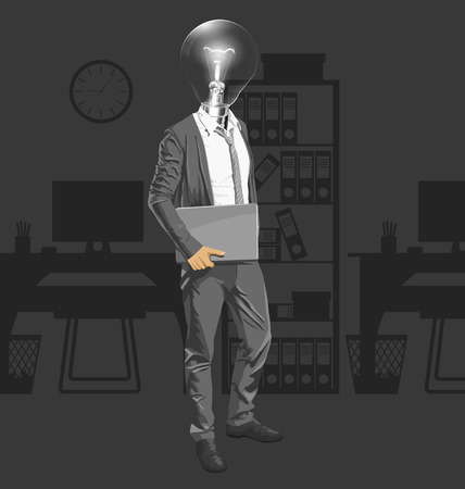 Vector Idea and concept. Lamp head business man with laptop in his hands. All layers well organized and easy to editのイラスト素材