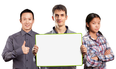 Team and male with write board in his hands isolated against different backgroundsの写真素材