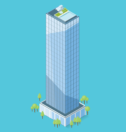 3d flat isometric office building with treesのイラスト素材