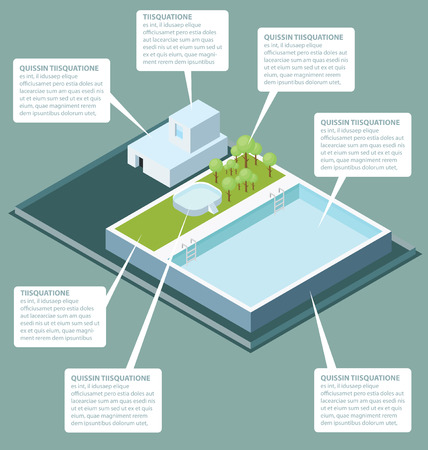  3d flat isometric office building roof with water poolのイラスト素材