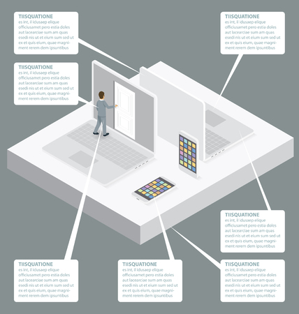Startup Concept. Door to the knowledge. Vector 3d flat isometric with businessman is opening the door to big businessのイラスト素材