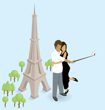 Vector flat isometric Ñouple making selfie near the Eiffel Tower in Parisのイラスト素材