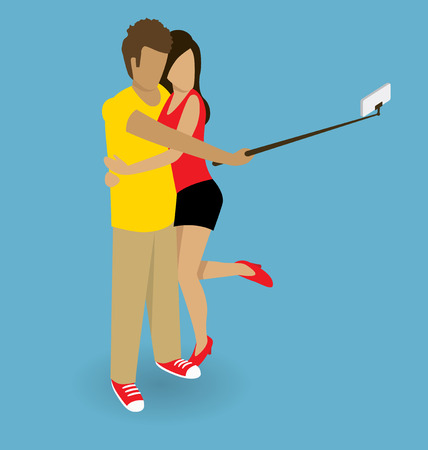 Vector flat isometric couple making selfieのイラスト素材