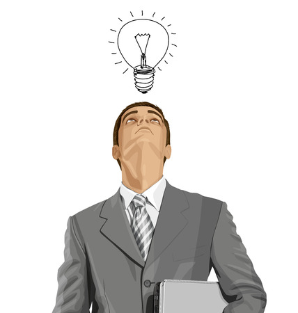 Vector business man in suit looking up, looking for idea, with laptop in his handsのイラスト素材