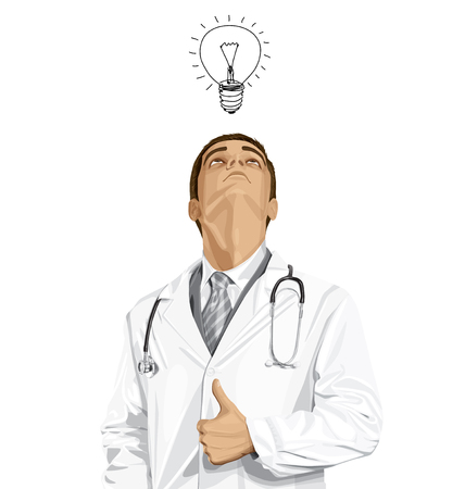 Vector doctor man with stethoscope shows well done, looking up, looking for idea,のイラスト素材