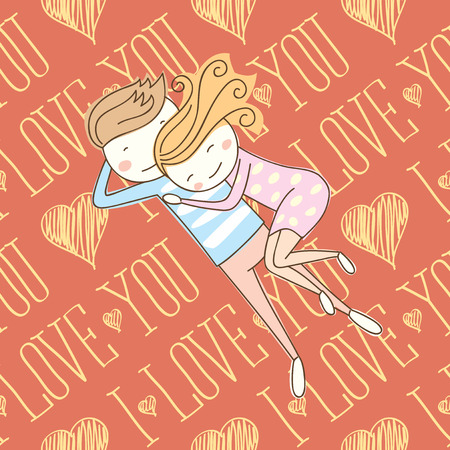 seamless vector card with heart, I love you words and coupleのイラスト素材