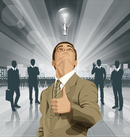 Vector hipster business man shows well done, looking up, looking for idea,のイラスト素材