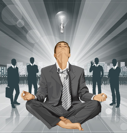 Relax concept. Vector businessman in lotus pose looking up, looking for idea, meditatingのイラスト素材