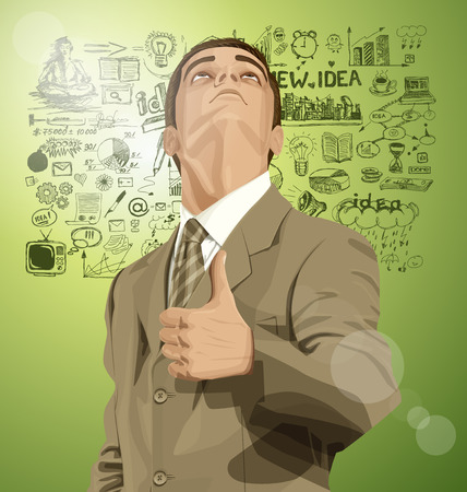 Vector hipster business man shows well done, looking up, looking for idea,のイラスト素材