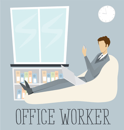 Vector flat with digital office workplace. Businessman working on laptopのイラスト素材