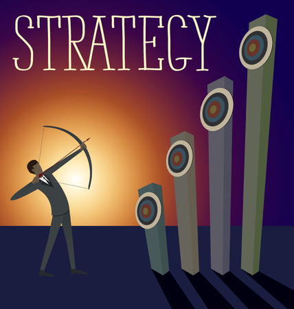 Vector flat business strategy concept. Business man shoots a bow to the targetのイラスト素材