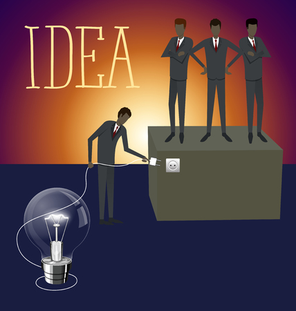 Idea research flat isometry business startup experiment concept vector illustration. Businessman lighting big lamp abstract electronic deviceのイラスト素材