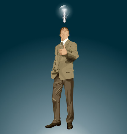 Vector hipster business man shows well done, looking up, looking for idea,のイラスト素材